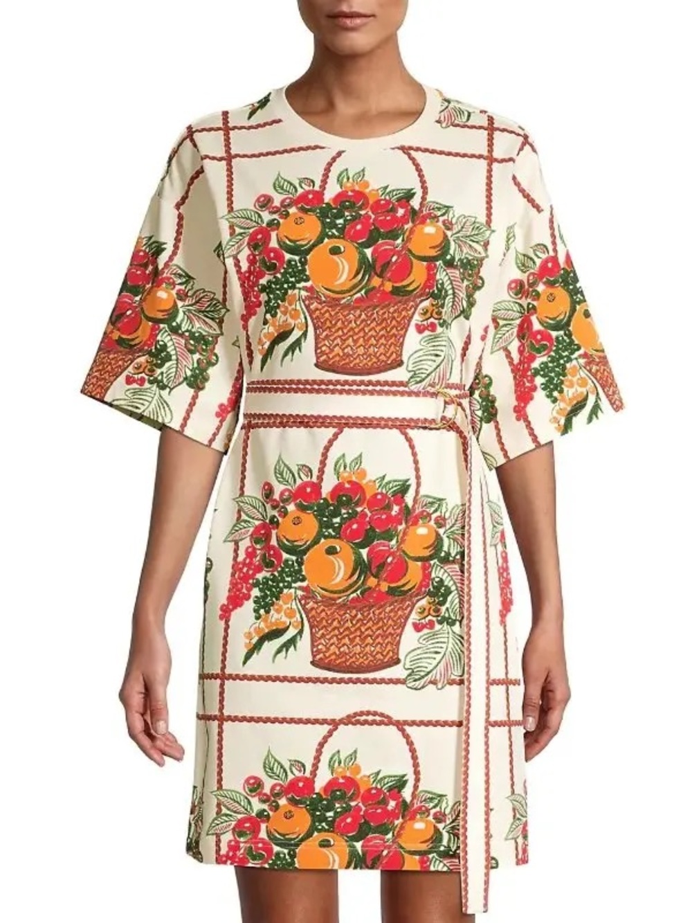 Tory Burch Fruit Basket Printed Belted Shirt Dress — Womens XS